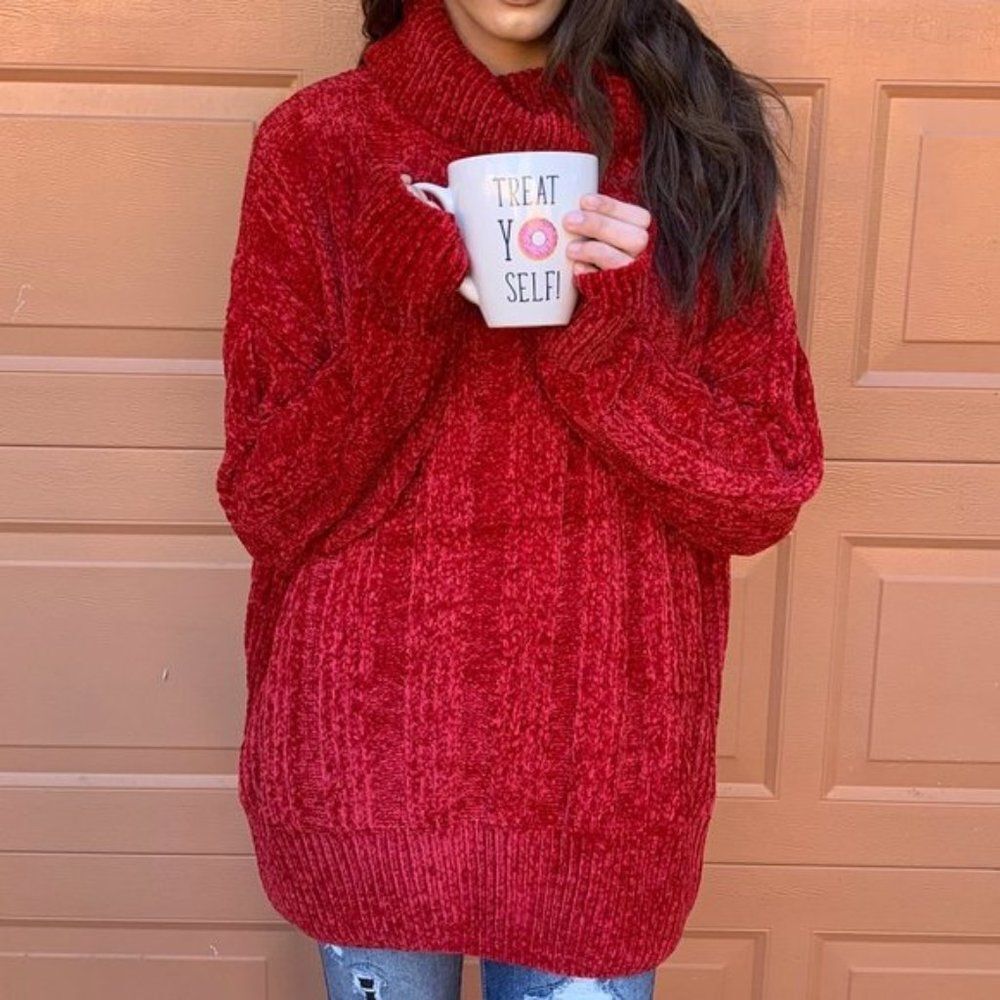 Oversize Chenille Turtle Neck Sweater - Red
